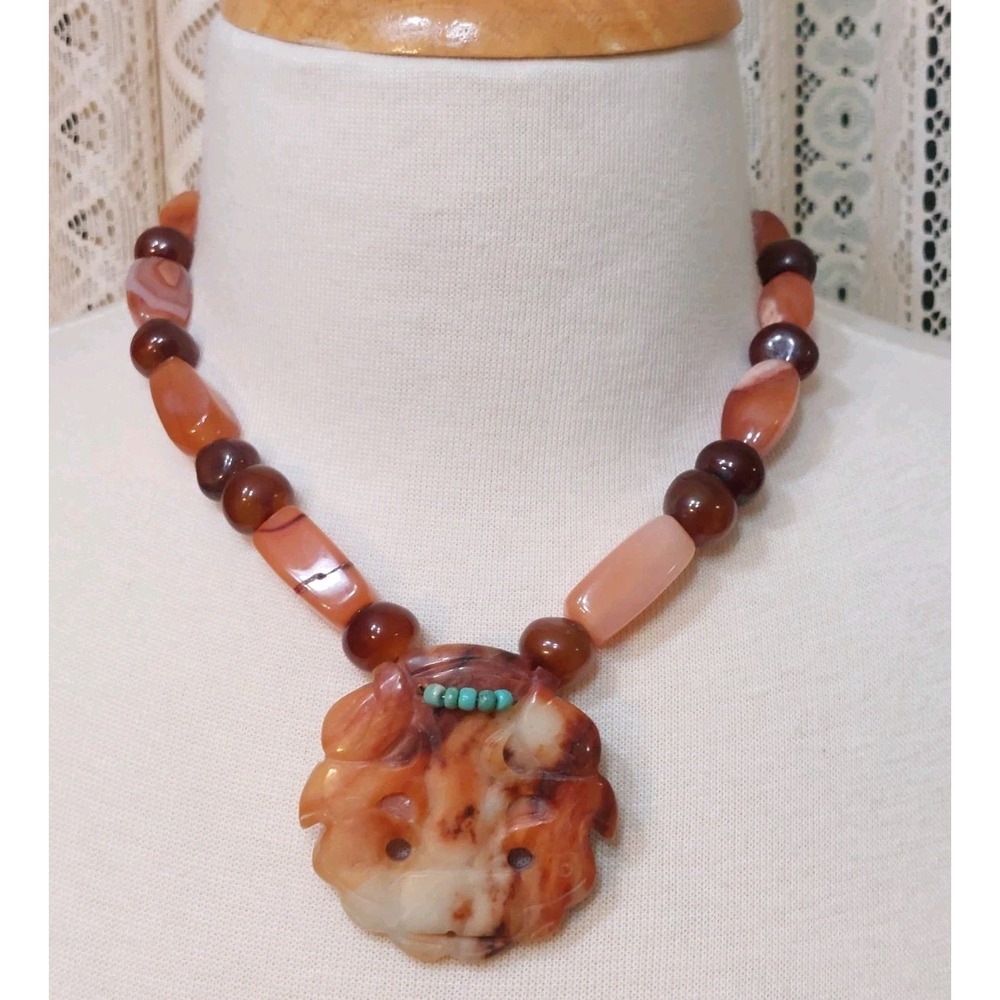 Necklace Carved Carnelian Agate Sterling Silver Chunky Boho Artisan Vintage